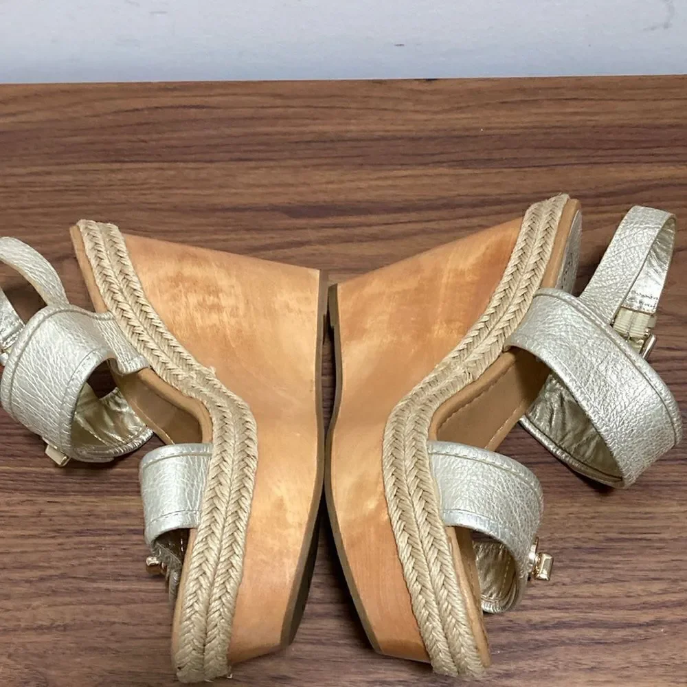 Coach Marian Metallic Silver Wood Platform Wedge Sandals w/Ankle Strap. Size 10.